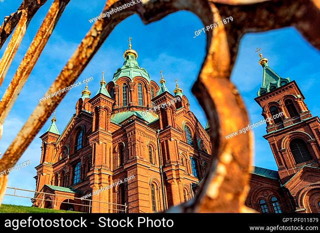THE BELL TOWERS OF THE USPENSKI CATHEDRAL, THE CENTER OF THE FINNISH EASTERN ORTHODOX CHURCH, HELSINKI, FINLAND, EUROPE