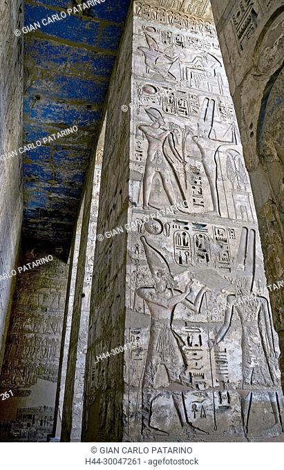 Medinet Habu, Luxor, Egypt, Djamet, mortuary temple of King Ramses III, XX dyn. 1185 -1078 B.C: hieroglyps on columns