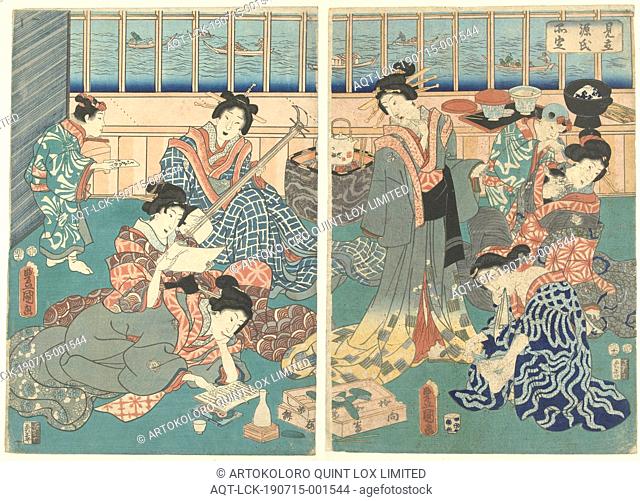 A contemporary version of the Genji story Mitate Genji shinasadame (title on object), Women, in a teahouse, with various activities such as reading