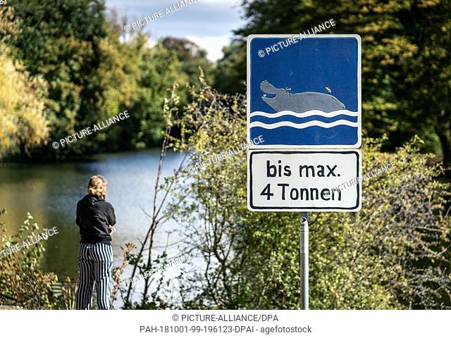 01 October 2018, Hessen, Frankfurt/Main: 01 October 2018, Germany, Frankfurt am Main: A sign designed with humour allows hippos up to four tons to swim in an...
