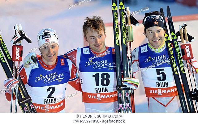 (R-L) Silver medalist Alex Harvey of Canada, Gold medalist Petter Northug of Norway and bronze medalist Ola Vigen Hattestad of Norway celebrate after the cross...