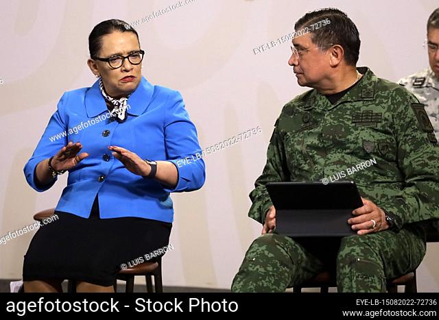 August 15, 2022, Mexico City, Mexico: Secretary of Security and Citizen Protection, Rosa Icela talks with Secretary of National Defense