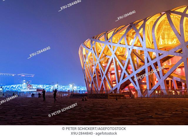 National Stadium at dusk, Olympic Park Beijing, People's Republic of China, Asia