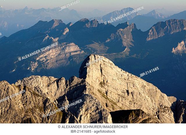 Summit of Naedliger Mountain in the Alpstein Mountains facing the Alvier Group and Pizol Mountain in the evening, Appenzell Outer Rhodes, Switzerland, Europe