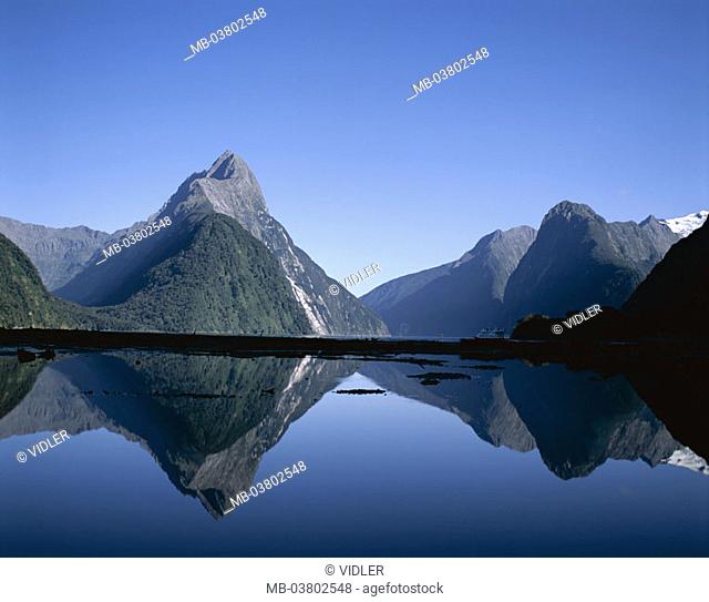 New Zealand, South island, Fiordland National park, Milford sound, 'Mitre Peak', 1692 m, water reflection South island, southwest coast, highland, mountains