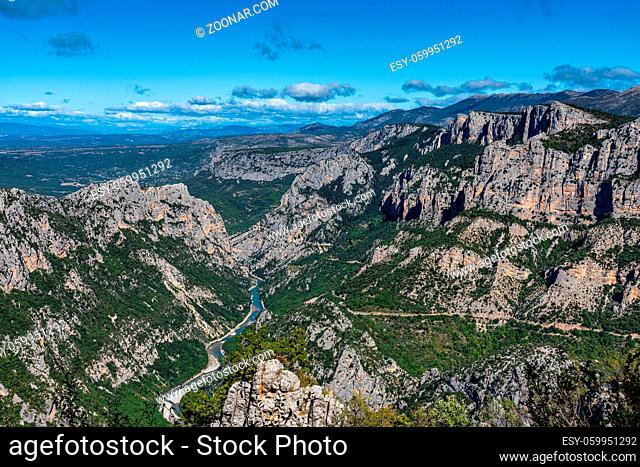 Verdon Gorge, Gorges du Verdon, amazing landscape of the famous canyon with winding turquoise-green colour river and high limestone rocks in French Alps
