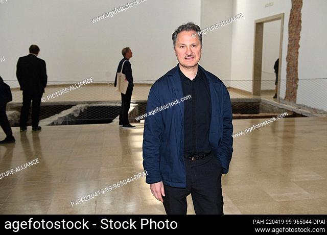 19 April 2022, Italy, Venedig: Yilmaz Dziewior, curator of the German Pavilion, is shown in the interior of the German Pavilion in the Giardini before the 59th...
