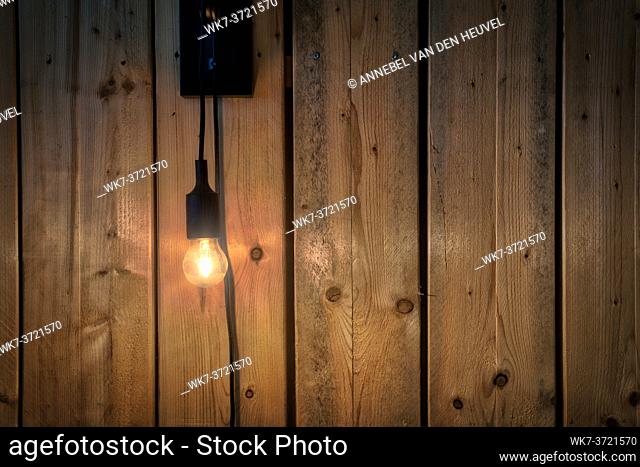 Glowing light bulb hanging near wooden panaled wall background texture, modern interior decoration, copy space for text or design retro