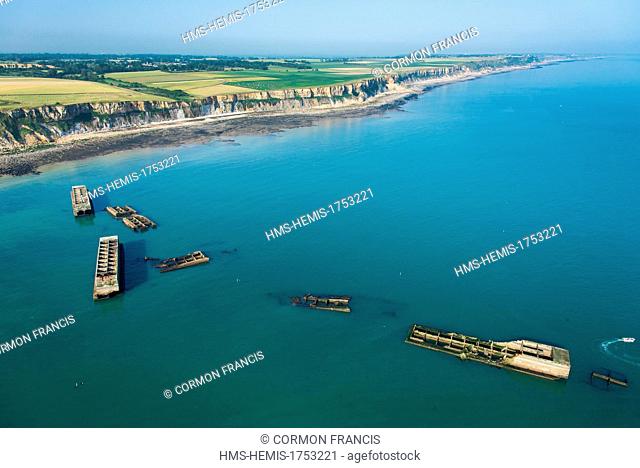 France, Calvados, Arromanches les Bains, Mulberry B remains, Port Winston, Phoenix breakwaters (aerial view)