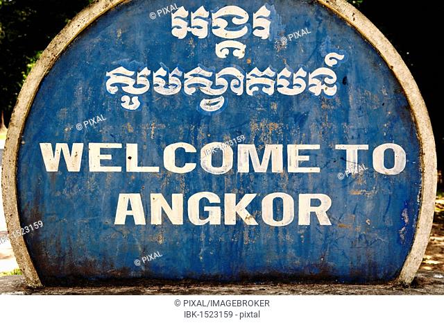 Welcome sign, Angkor Wat temple complex in Siem Reap, Cambodia, Southeast Asia