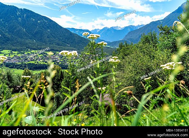 Europe, Austria, Tyrol, Ötztal Alps, Ötztal, Oetz, view from a mountain meadow above Oetz to the front Ötztal and the village of Sautens