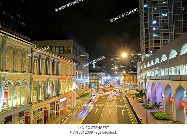 Road traffic with light trails, Business District, Singapore, Southeast Asia, Asia