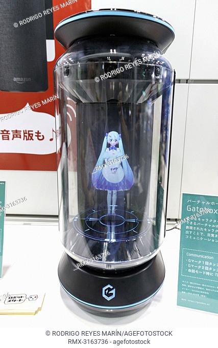 October 21, 2018, Tokyo, Japan - A holographic Gatebox virtual home robot on display during the World Robot Summit 2018 at Tokyo Big Sight in Tokyo