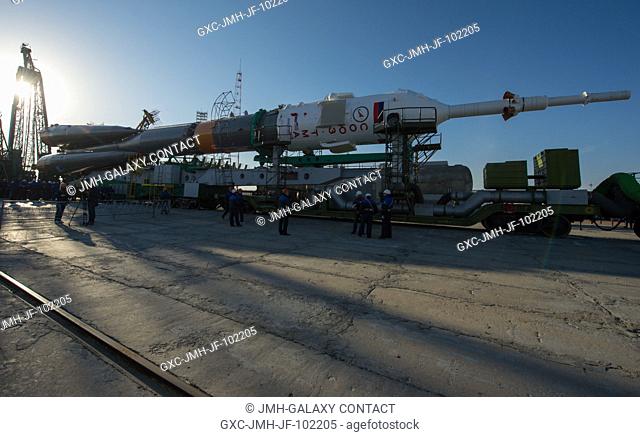 The Soyuz rocket arrives at its launch pad by train on March 26, 2013, at the Baikonur Cosmodrome in Kazakhstan. Launch of the Soyuz rocket is scheduled for...