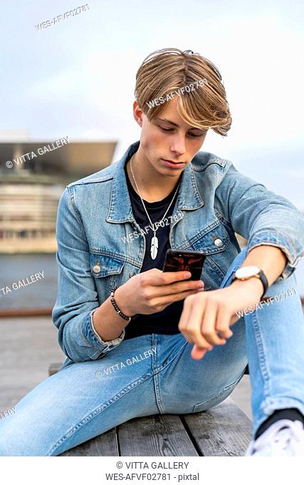 Denmark, Copenhagen, young man sitting on a bench at the waterfront using cell phone