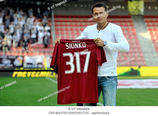 First Czech soccer league, 6th round: AC Sparta Praha vs FC Hradec Kralove, September 2, 2012 Libor Sionko of Sparta says goodbye to fans after he finished his...