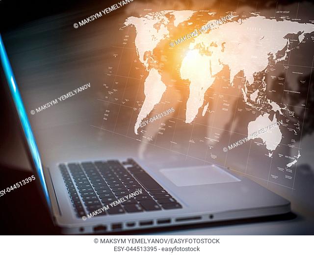 Global comuunication, network connection, computer and internet technology hud concept. Laptop with map of the world. 3d illustration