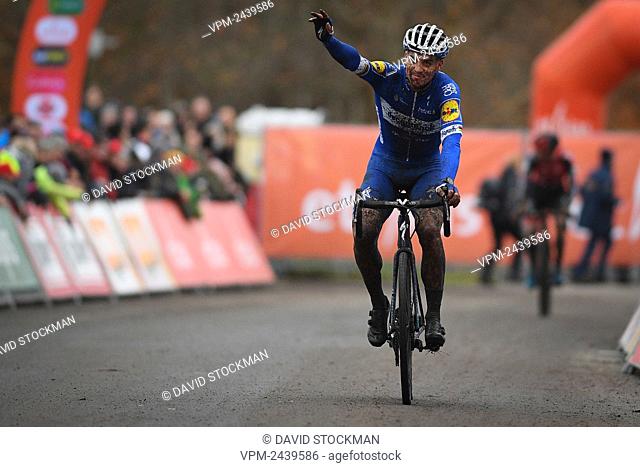 Czech Zdenek Stybar crosses the finish line at the men's race of the Cyclocross Essen, stage 5/8 in the Ethias Cross cyclocross competition