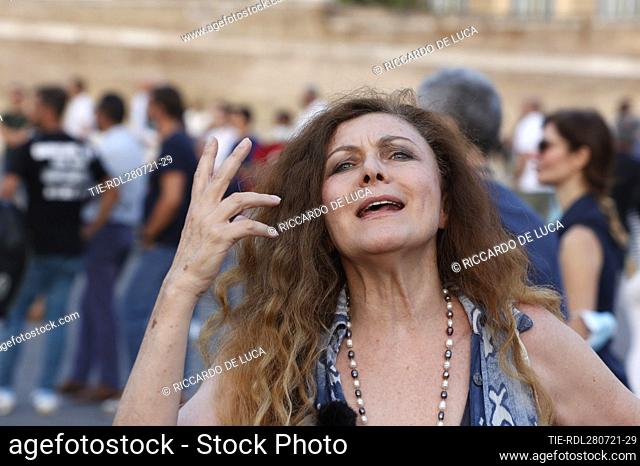 Actress Eleonoar Brigliadori attends at the demonstration against the Green Pass mandatory organized by the Free Choice Committee in Piazza del Popolo in Rome