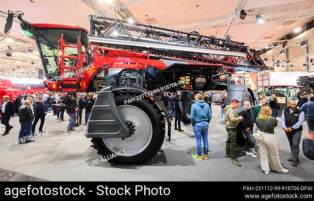 12 November 2023, Lower Saxony, Hanover: A Leeb 6.460 VL with two meters of ground clearance for treating corn or sunflower fields with crop protection is on...