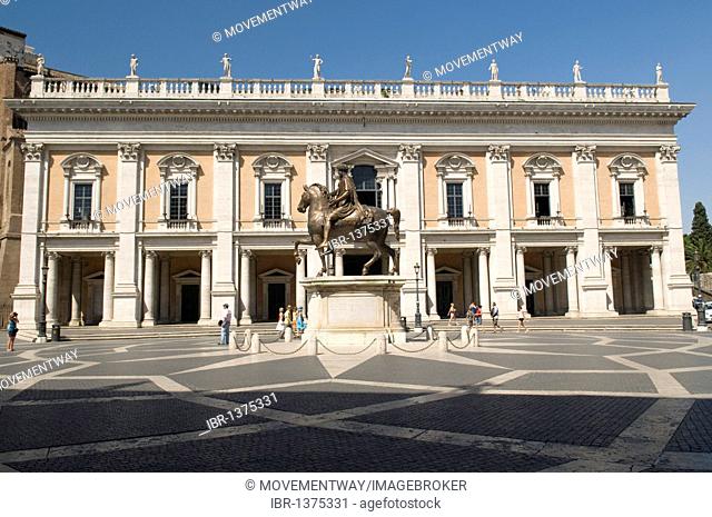 Equestrian statue of Marcus Aurelius on the Capitoline Hill, the Palazzo Nuovo, Capitoline Museums, Rome, Italy, Europe