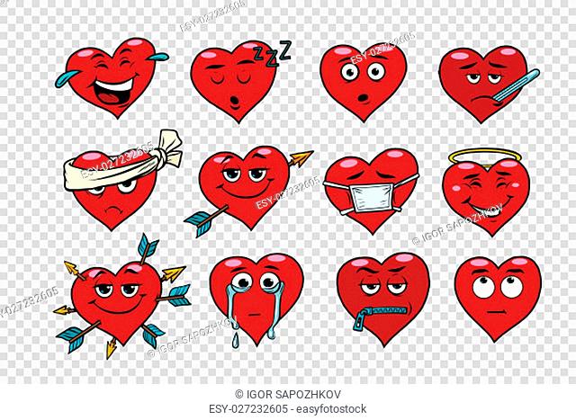 Red heart Valentine set of characters. Faces emoticons with various emotions. Transparent background. Holiday collection