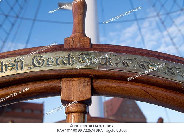 08 November 2018, Mecklenburg-Western Pomerania, Stralsund: The sailing ship ""Gorch Fock I"" is located in the city harbour