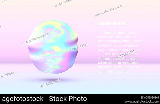 Vibrant colored vaporwave styled abstract ball shape with holographic texture on violet and pink background. 90s styled hologram abstraction