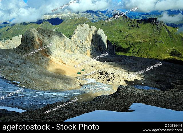 The glacier of he Marmolada, the higest mountain of the Dolomites. They are a mountain range declared a UNESCO World Heritage Site