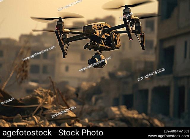 A military spying drone on the destroyed city. Drones are used for both drone strikes and battlefield intelligence.AI generated