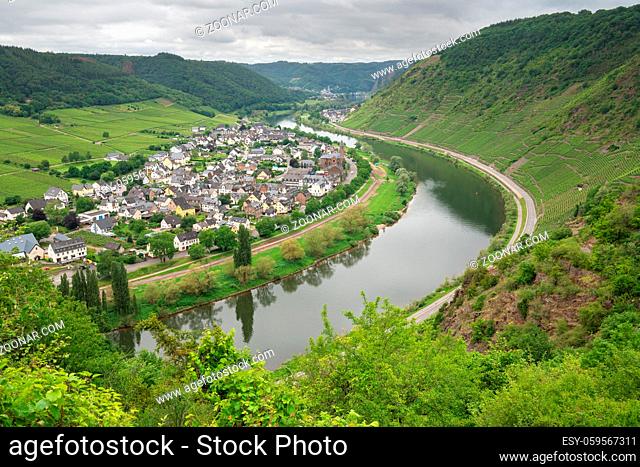 Panoramic image of the Moselle village Ernst close to Cochem on a dully day, Germany