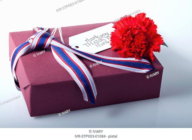 Wrapped Gift Box With Red Carnation Flower And Gift Tag