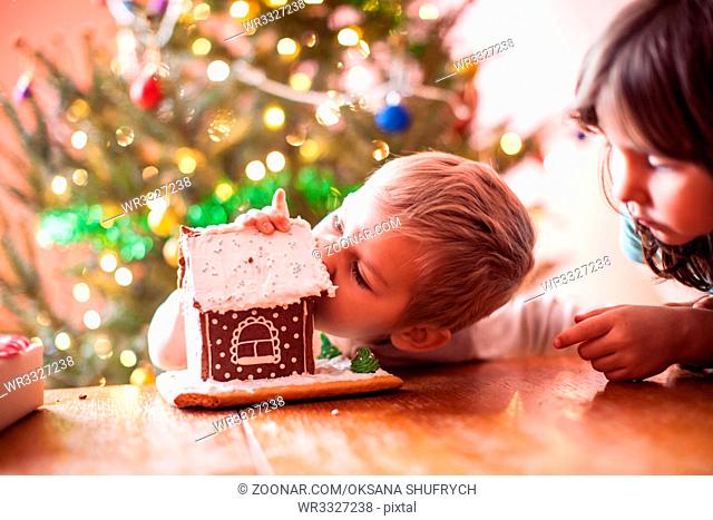 Cute little boy nibbling a gingerbread cookie house at christmas time