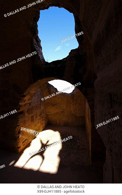 Africa, Tunisia, El Djem, Ancient Thysdrus, Roman Ruins, Colosseum, Amphitheatre Interior, Shadow of Person