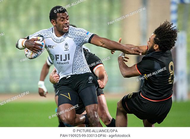 21 September 2019, Bavaria, Munich: Oktoberfest Sevens Rugby Tournament in Munich on 21 and 22 September 2019. Group match between Germany and Fiji