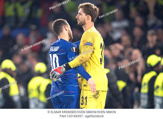Eden HAZARD (l., Chelsea), the guard of the last Elfmeters, first walks to goalkeeper Kevin TRAPP (F), comforting him, frustrated, frustrated, frustrated