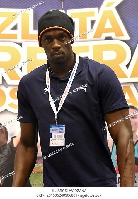 The famous Jamaican sprinter Usain Bolt attends a news conference to the IAAF World Challenge Ostrava Golden Spike athletic meeting, in Ostrava, Czech republic