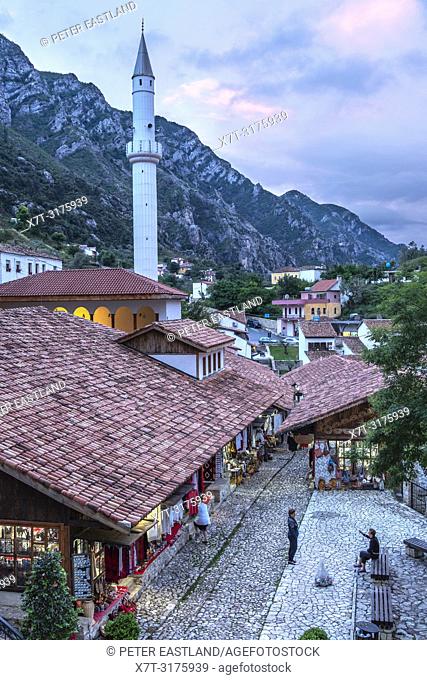 Looking down on the bazaar and Mosque in Kruja, central Albania