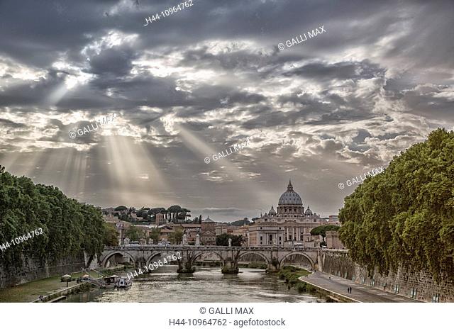 Evening, mood, bridge, river, flow, capital, Italy, Europe, Saint Peter, cathedral, Rome, Tiber, Umberto, Vatican
