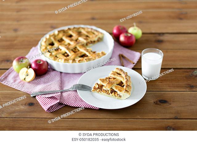 close up of apple pie and fork on plate