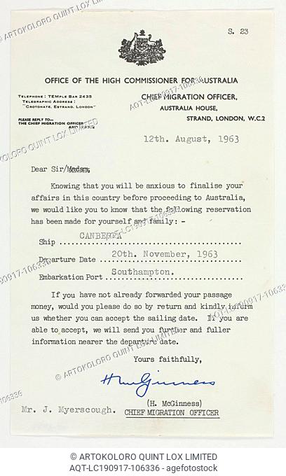 Letter - 'Canberra' Ship Reservation, Myerscough, 1963, Notice issued by the Office of the High Commissioner for Australia on 12/8/1963 to John Myerscough...