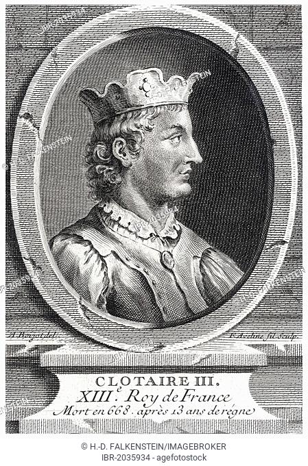 Historical steel engraving from the 19th Century, portrait, Chlothar III or Clotaire III, King of the Franks from the house of the Merovingians, 7th Century