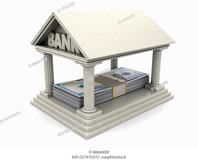 3d illustration of bank building with money inside