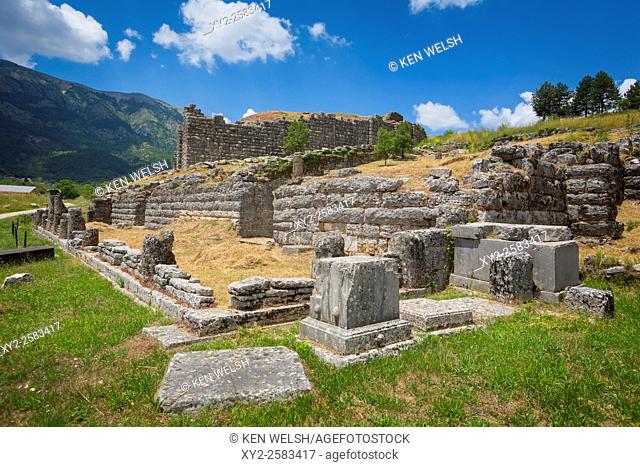 Greece, Epirus. Ruins of ancient Dodoni. The bouleuterion (or senate house) with the walls of the theatre behind