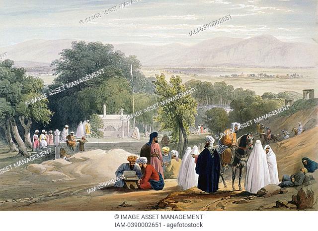 First Anglo-Afghan War 1838-42: Tomb of Emperor Babur d1530  From J Atkinson 'Sketches in Afghanistan' London 1842  Hand-coloured lithograph