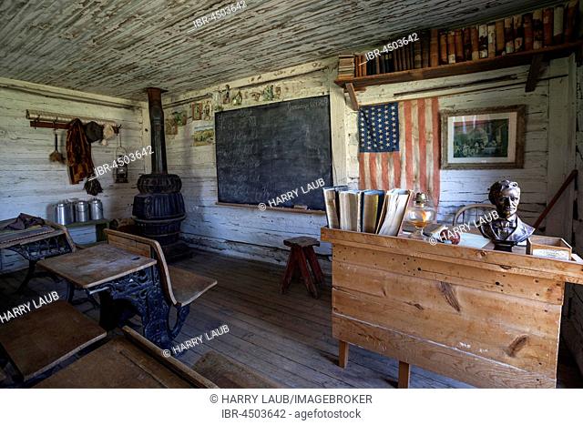 Old classroom with the teacher's desk, Wild West open-air museum, Nevada City Museum, former gold mining town, Ghost Town, Montana Province, USA