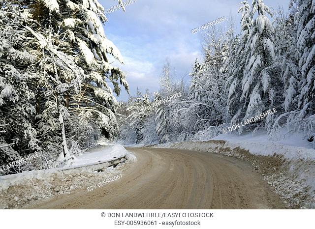 Dirt road leading between snow covered trees, Stowe, Vermont, USA