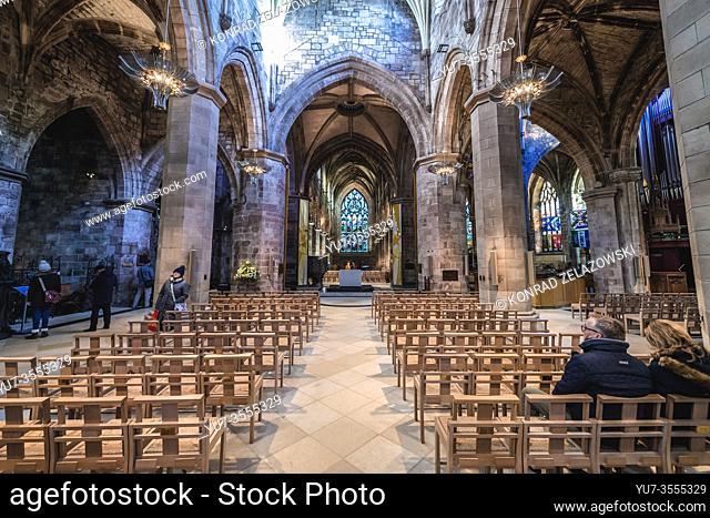 Main nave of St Giles Cathedral also called High Kirk of Edinburgh in Edinburgh, the capital of Scotland, part of United Kingdom