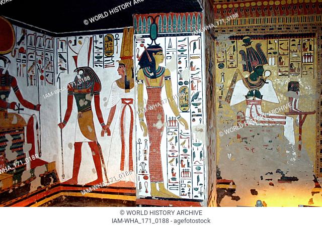 Wall Painting depicting, the God Ra-Harachte, with Nefertari, Great Wife of Pharaoh Ramesses II, Inside the tomb (QV66) of Nefertari