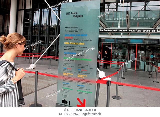 PROGRAMME OF EXHIBITIONS AND PERFORMANCES IN FRONT OF THE GEORGES POMPIDOU CENTER, BEAUBOURG QUARTER, PARIS 75, FRANCE